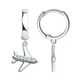 Серьги самолёт с фианитом из серебра